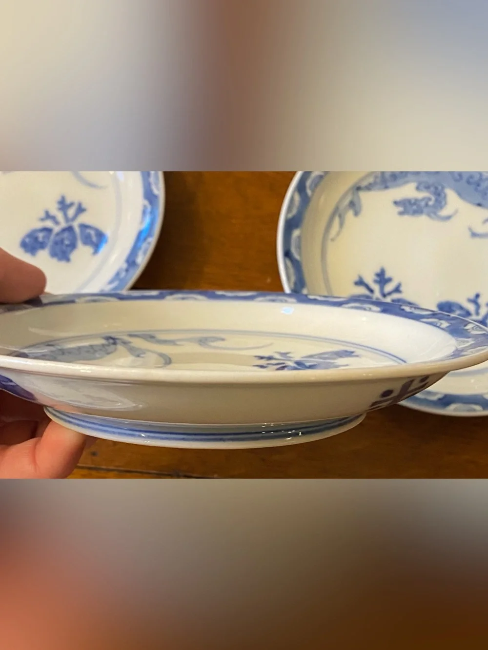 5 Antique Japanese Imari Porcelain Plates Blue White Dragon Meiji Marked Fuku